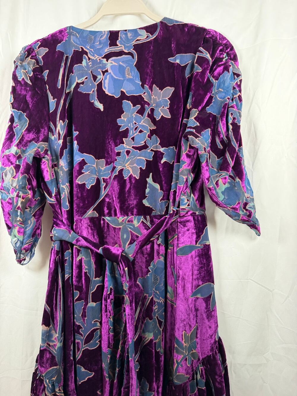 Hutch Velvet Wrap Dress Purple Blue Floral Midi Belted Womens M
